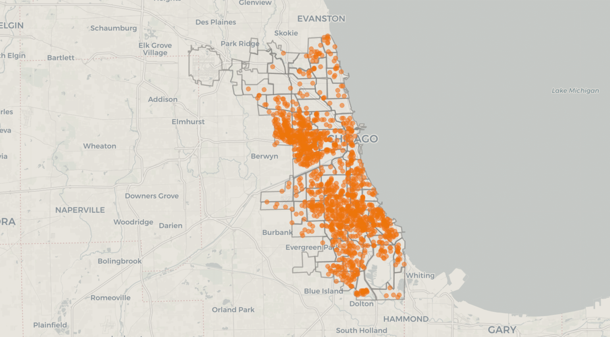 Thumbnail of Chicago map with clusters of orange dots overlaid